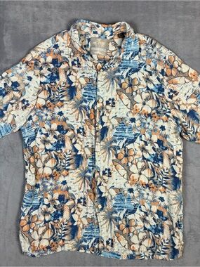 Margaritaville Men's Large Silk Linen Floral Tropical Hawaiian Shirt Blue Orange